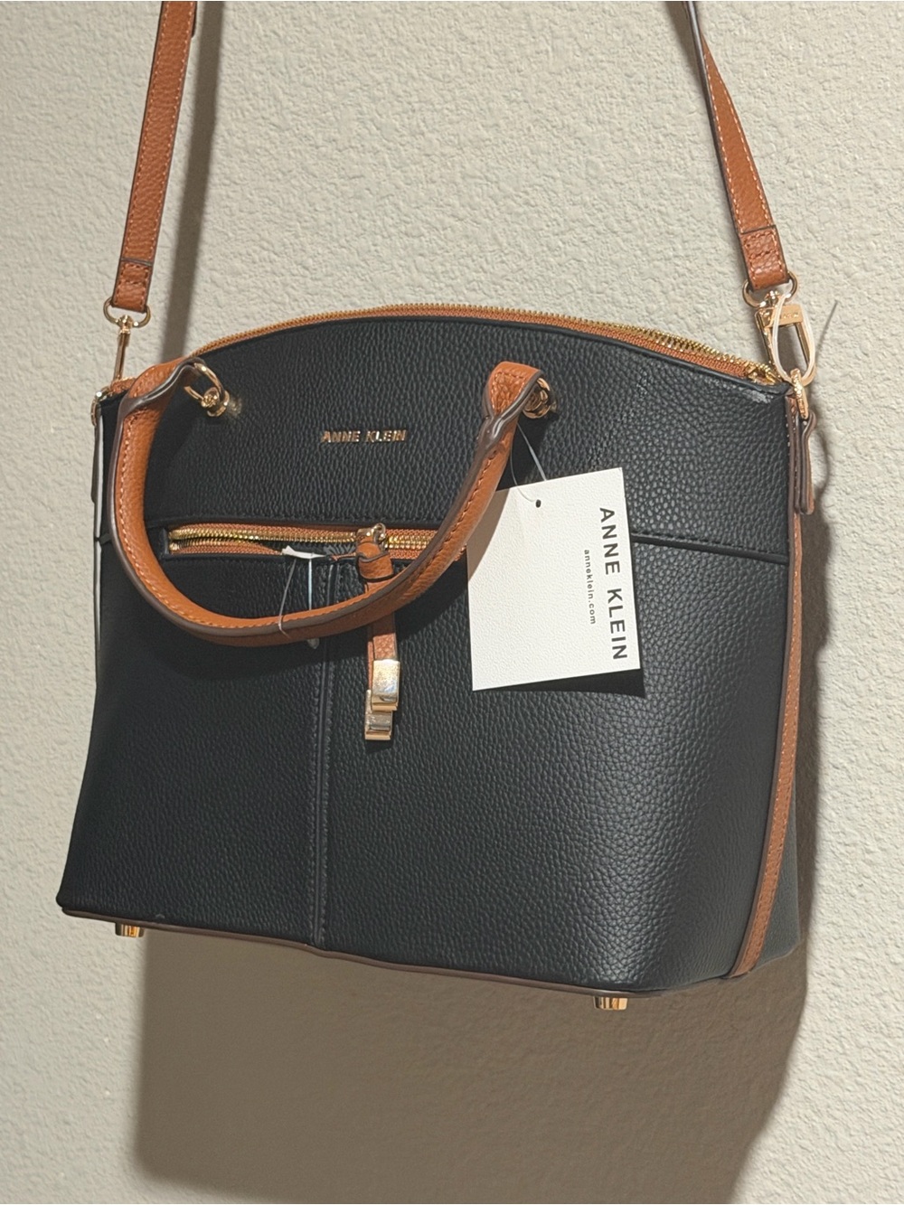Anne Klein Black Satchel with Tan Trim and Gold Hardware